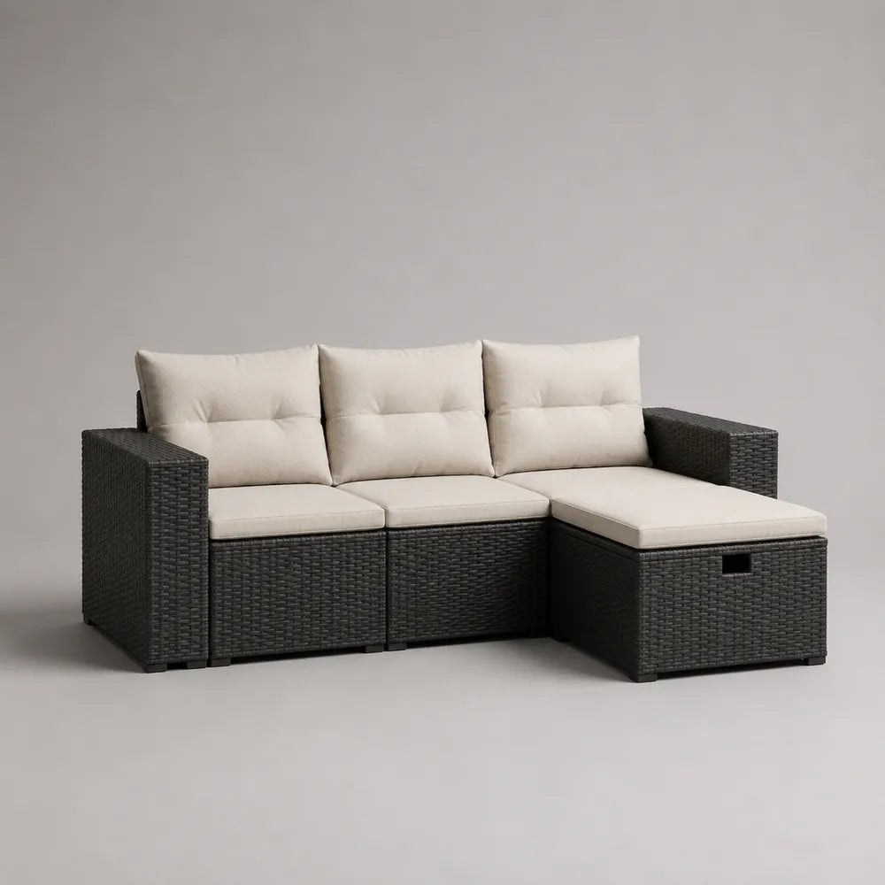 Divano da giardino angolare 240x160x70 cm nero e beige in rattan sintetico con cuscini in poliestere