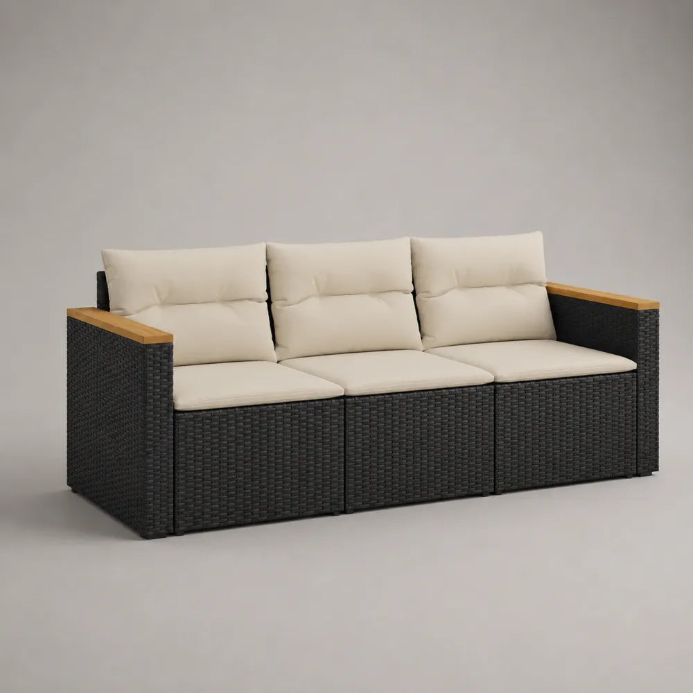 Divano da giardino 3 posti 210x75x70 cm nero e beige in rattan sintetico con cuscini in poliestere