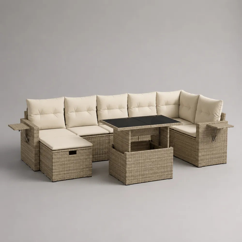 Set divano da giardino angolare con tavolo in rattan sintetico beige e cuscini imbottiti 300 x 220 x 70 cm