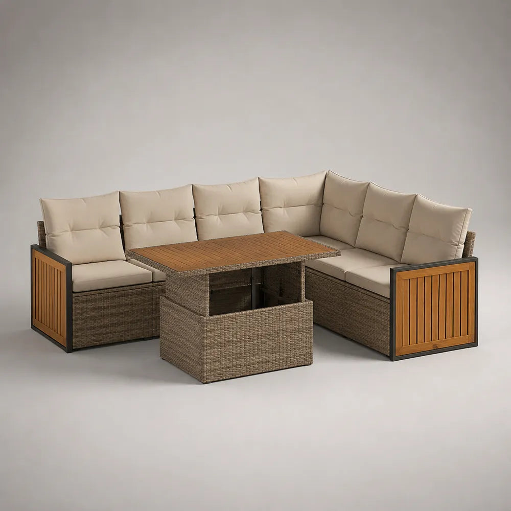 Set divano da giardino angolare 7 pezzi con tavolo in rattan sintetico PE marrone con cuscini beige 280 x 210 x 75 cm