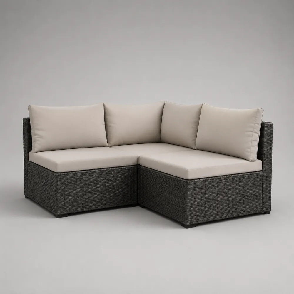 Divano da giardino angolare 3 posti in rattan sintetico PE nero con cuscini beige 220 x 160 x 75 cm