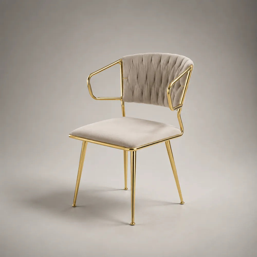 Sedia da pranzo con braccioli imbottita in tessuto poliestere e acciaio dorato beige 60 x 60 x 82 cm