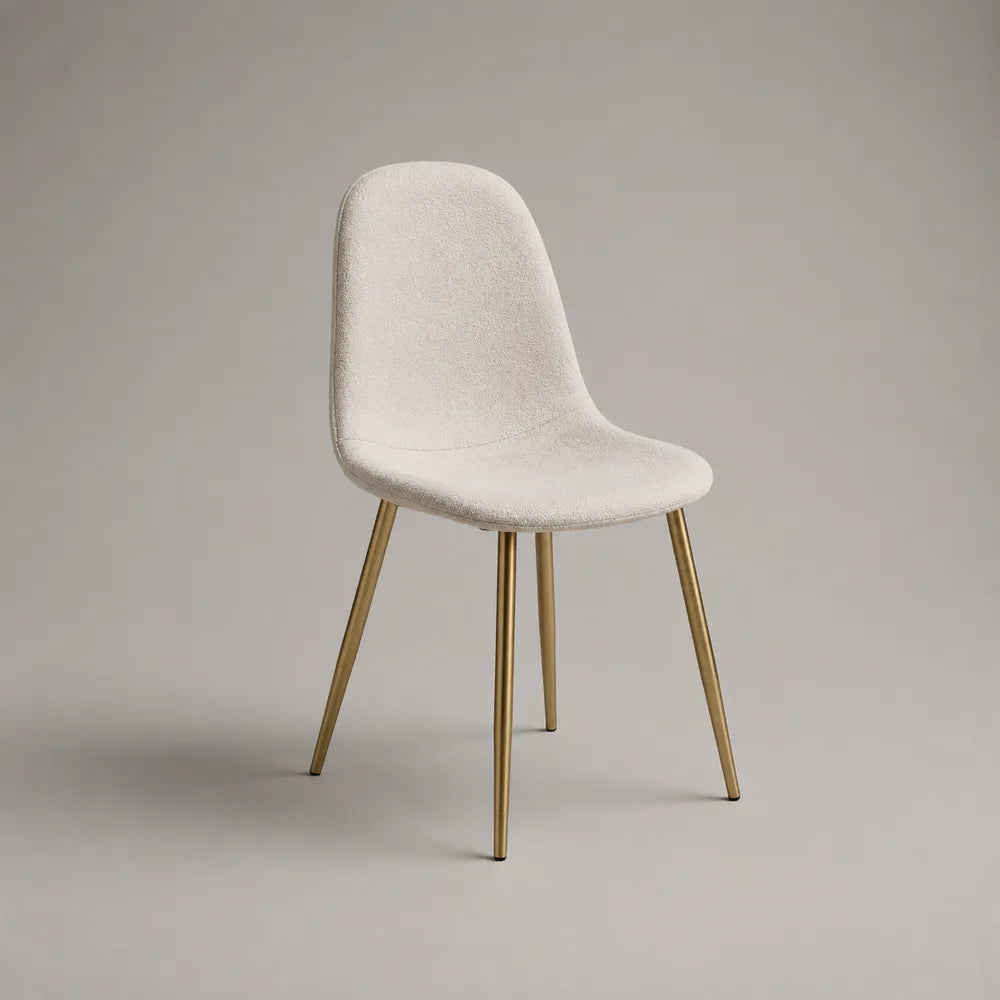 Sedia da pranzo imbottita in tessuto poliestere beige con gambe in acciaio dorato 50 x 55 x 85 cm