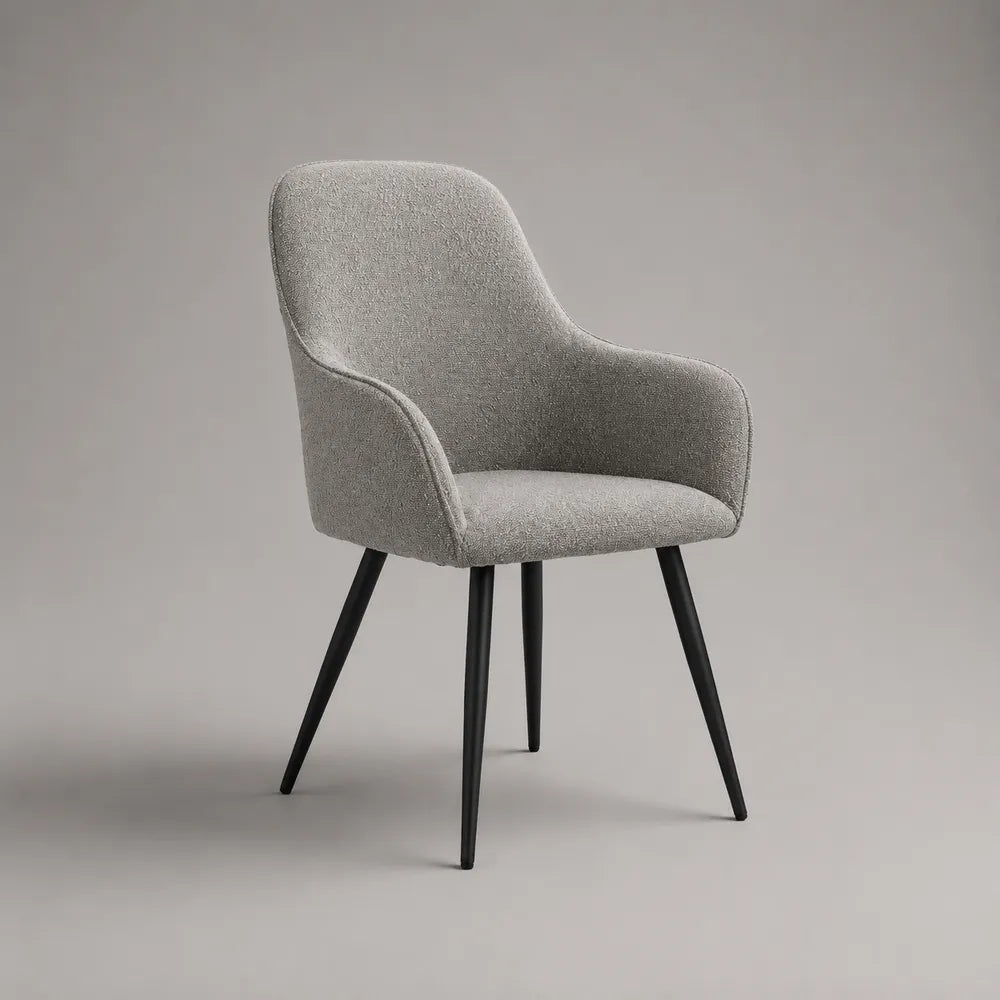 Poltroncina da pranzo imbottita con braccioli in tessuto bouclé grigio e gambe in acciaio nero 60 x 65 x 82 cm