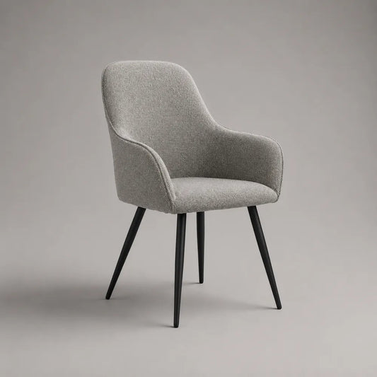 Poltroncina da pranzo imbottita con braccioli in tessuto bouclé grigio e gambe in acciaio nero 60 x 65 x 82 cm