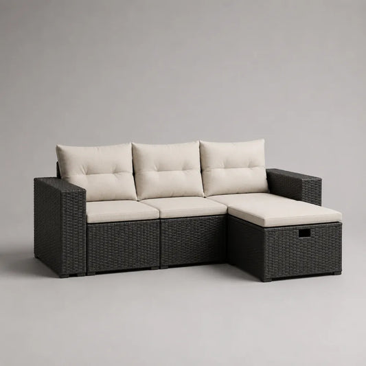 Divano da giardino angolare 240x160x70 cm nero e beige in rattan sintetico con cuscini in poliestere