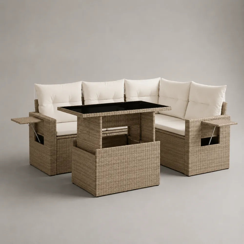 Set divano da giardino angolare con tavolo in rattan sintetico beige e cuscini in poliestere 240x180x70 cm