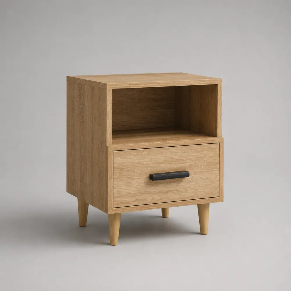 Comodino da camera con cassetto e vano aperto in MDF effetto rovere chiaro con gambe in legno 45 x 35 x 55 cm