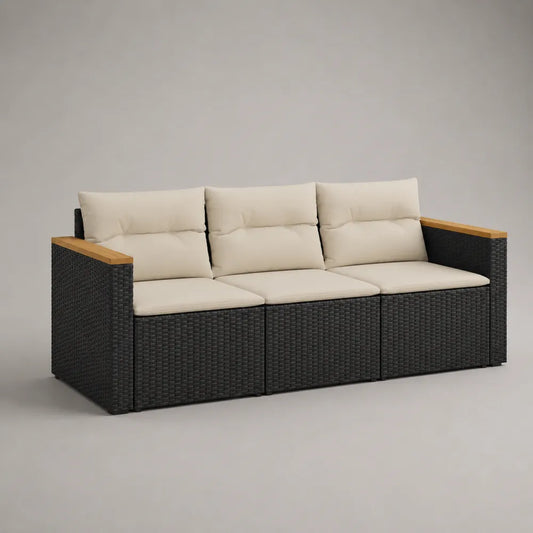 Divano da giardino 3 posti 210x75x70 cm nero e beige in rattan sintetico con cuscini in poliestere
