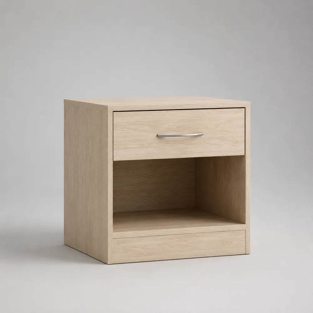 Comodino rettangolare in MDF effetto rovere naturale con cassetto e vano aperto 45 x 35 x 45 cm