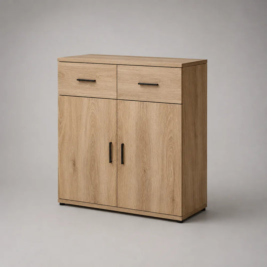 Credenza da pranzo 2 ante e 2 cassetti in MDF effetto rovere naturale beige con maniglie nere 120 x 40 x 90 cm