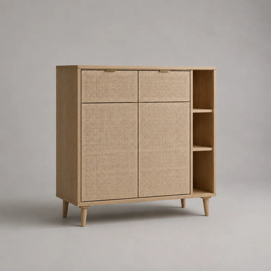 Credenza rettangolare con 2 ante 2 cassetti e ripiani laterali in MDF effetto rovere e rattan beige 140 x 40 x 100 cm