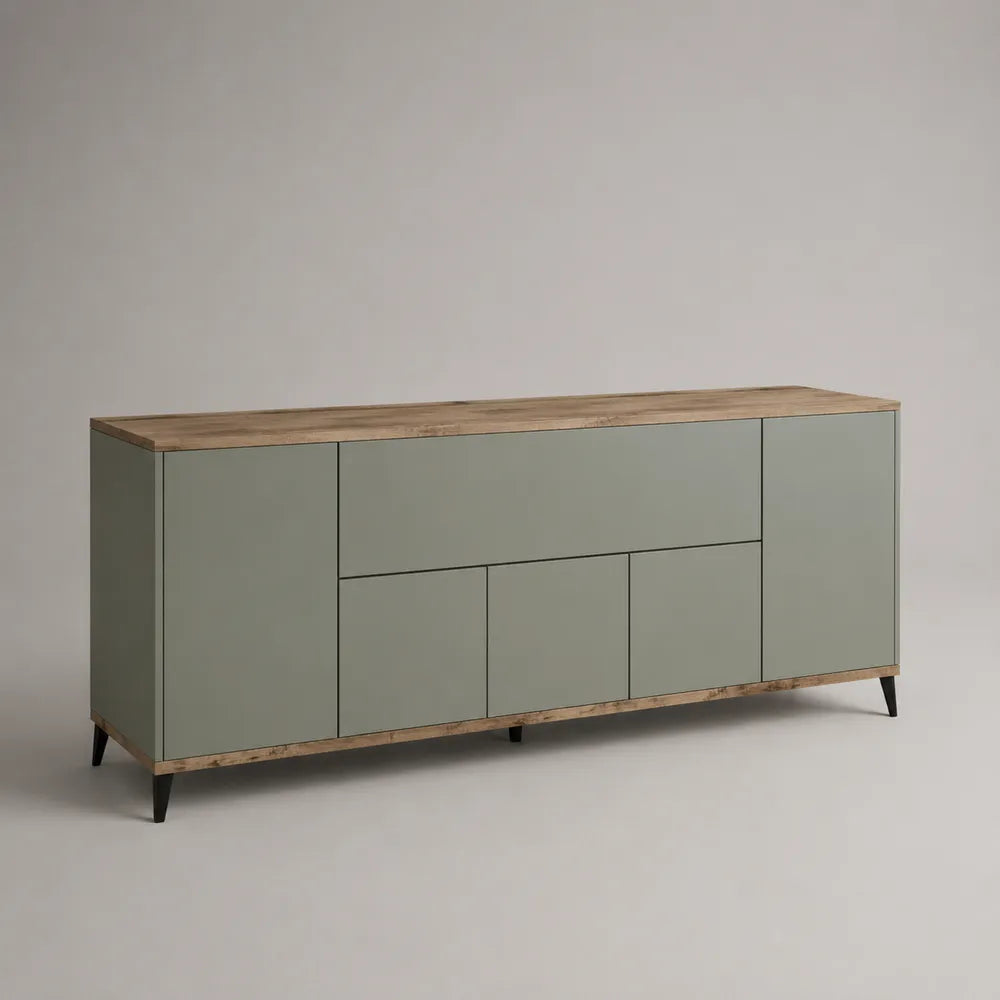 Credenza da soggiorno a 5 ante in MDF effetto legno con ante verde salvia piano marrone e gambe in acciaio nero 220 x 40 x 80 cm