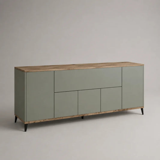 Credenza da soggiorno a 5 ante in MDF effetto legno con ante verde salvia piano marrone e gambe in acciaio nero 220 x 40 x 80 cm