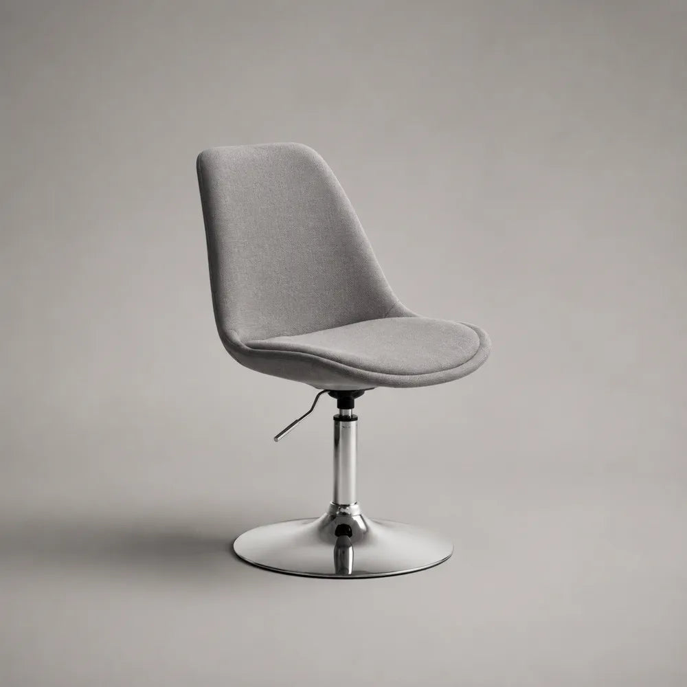 Sedia da pranzo girevole imbottita in tessuto poliestere grigio con base rotonda in acciaio cromato 55 x 60 x 85 cm