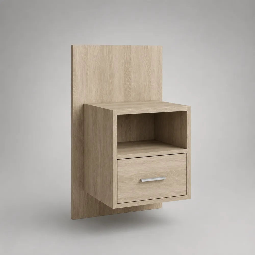 Comodino sospeso rettangolare in MDF effetto rovere chiaro con cassetto 45 x 35 x 55 cm