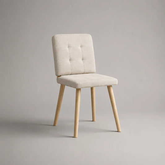 Sedia da pranzo imbottita in tessuto poliestere beige con gambe in legno naturale schienale trapuntato 48 x 55 x 82 cm