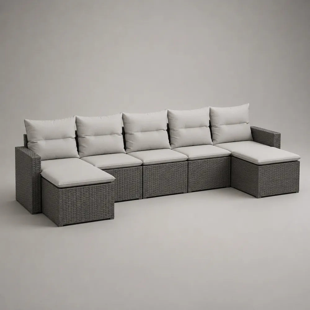Set divano da giardino modulare 6 pezzi in rattan sintetico grigio con cuscini imbottiti 320 x 200 x 70 cm