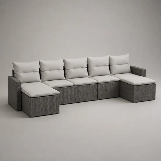 Set divano da giardino modulare 6 pezzi in rattan sintetico grigio con cuscini imbottiti 320 x 200 x 70 cm