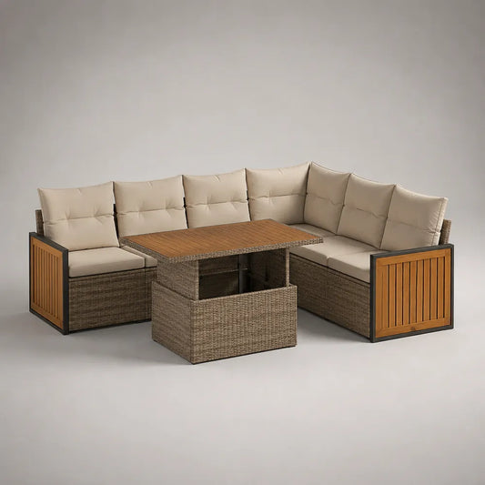 Set divano da giardino angolare 7 pezzi con tavolo in rattan sintetico PE marrone con cuscini beige 280 x 210 x 75 cm