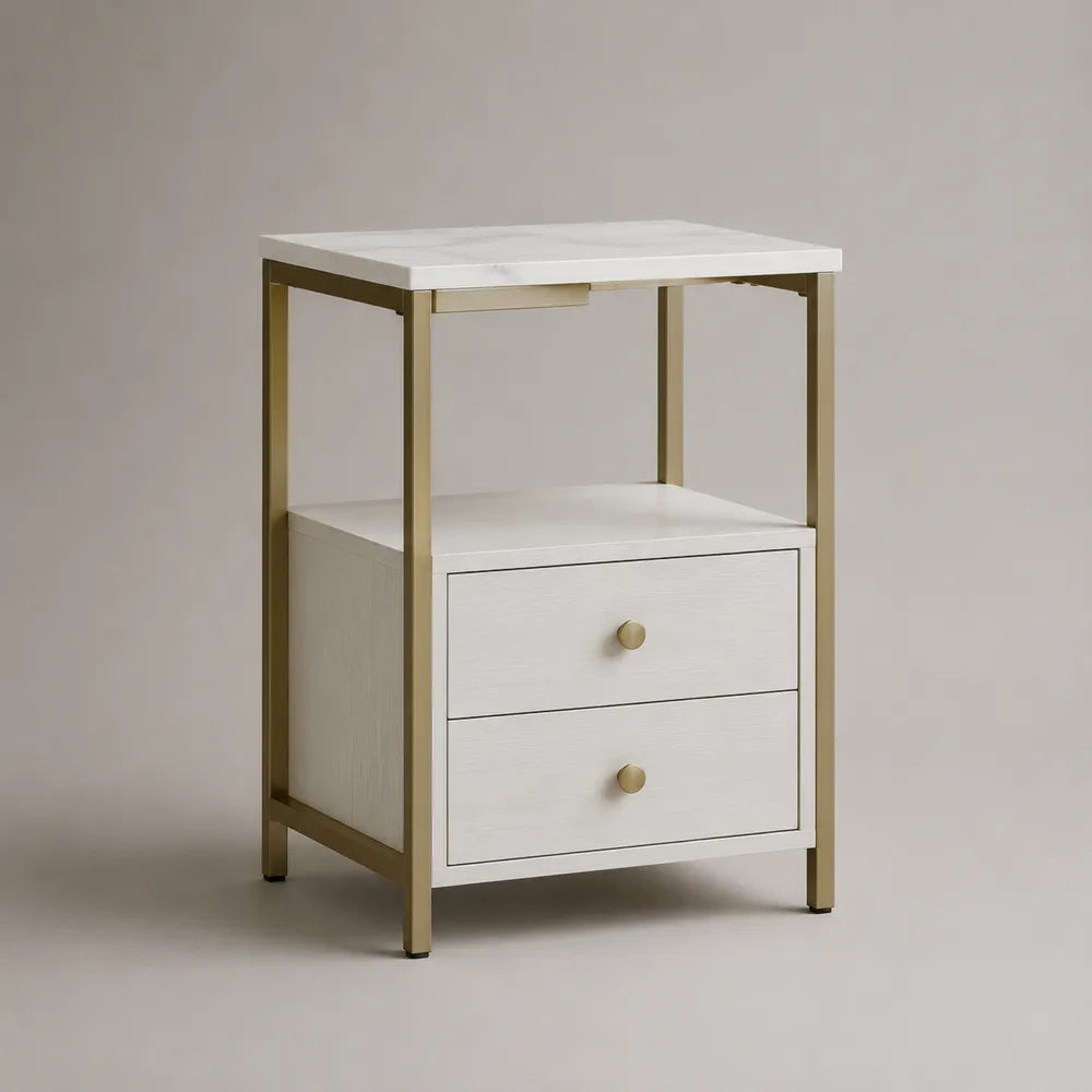 Comodino con 2 cassetti struttura in MDF bianco piano effetto marmo telaio in acciaio dorato 50x40x60 cm
