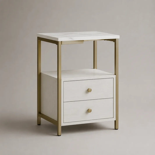 Comodino con 2 cassetti struttura in MDF bianco piano effetto marmo telaio in acciaio dorato 50x40x60 cm
