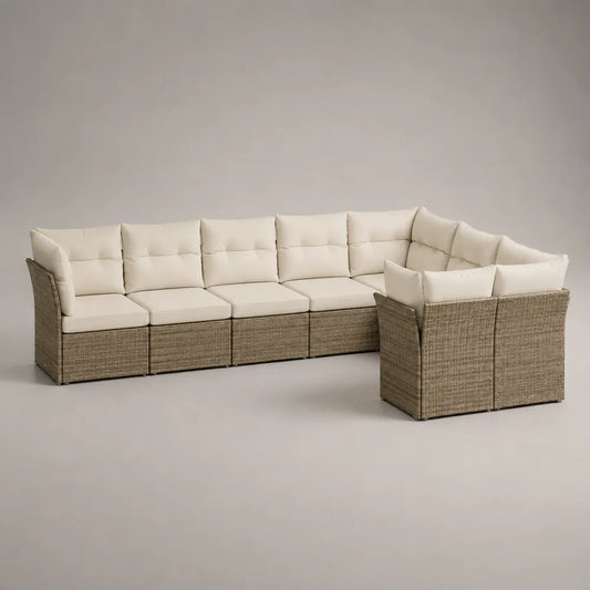 Set divano da giardino modulare angolare in rattan sintetico beige con cuscini in poliestere 330x220x75 cm