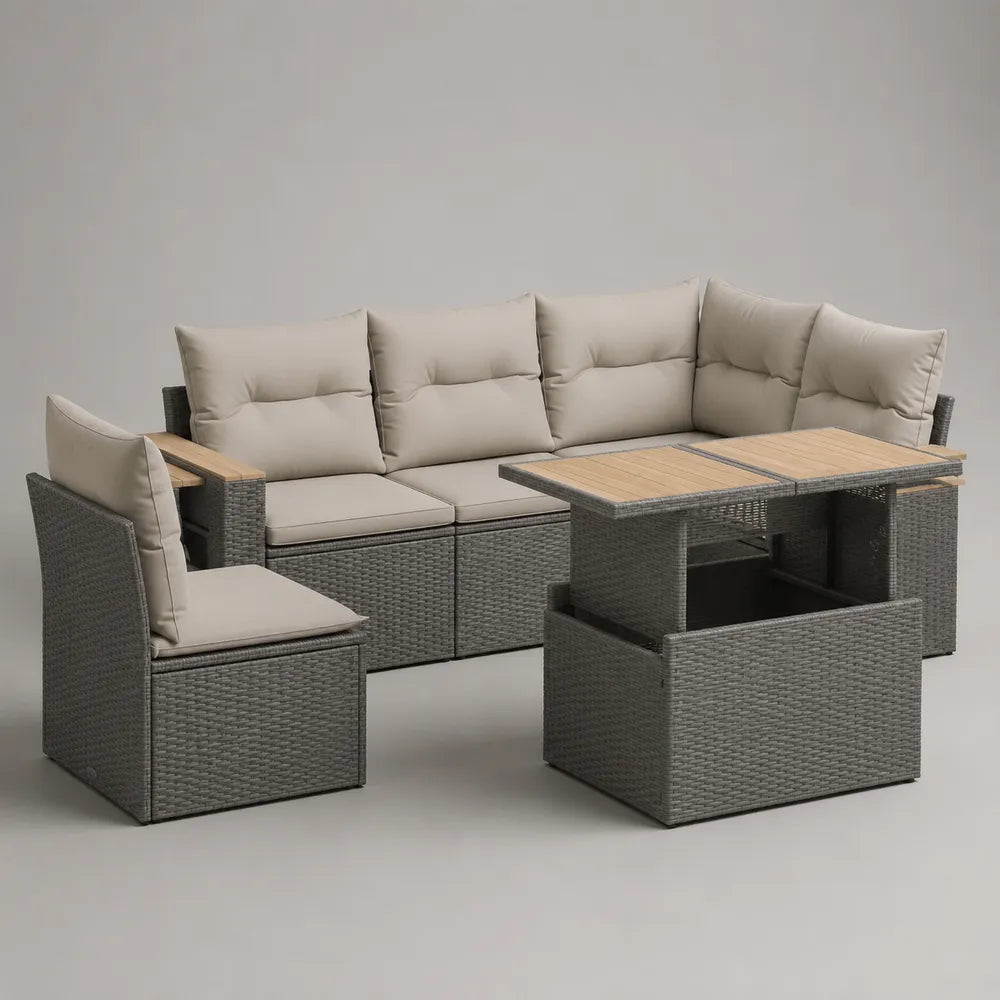 Set divano da giardino angolare in rattan sintetico grigio con tavolo e cuscini beige 300 x 220 x 75 cm