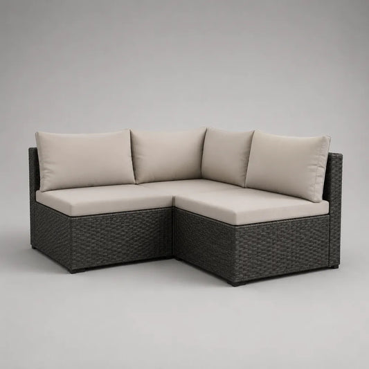 Divano da giardino angolare 3 posti in rattan sintetico PE nero con cuscini beige 220 x 160 x 75 cm