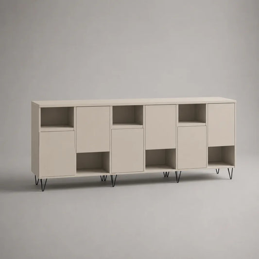 Credenza rettangolare con ante e ripiani aperti in MDF bianco e acciaio nero 220 x 40 x 80 cm